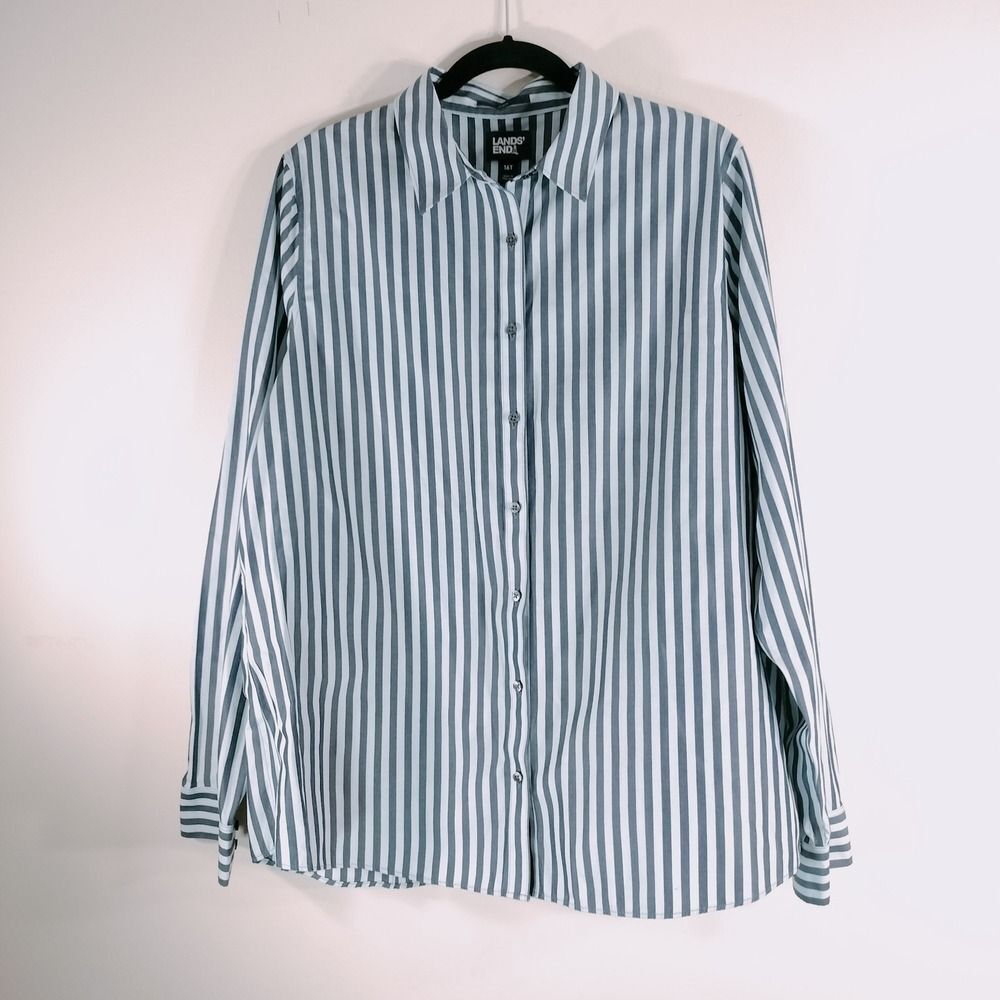 Lands' End 16T Tall Blue White Striped No Iron Cotton Button Down Shirt